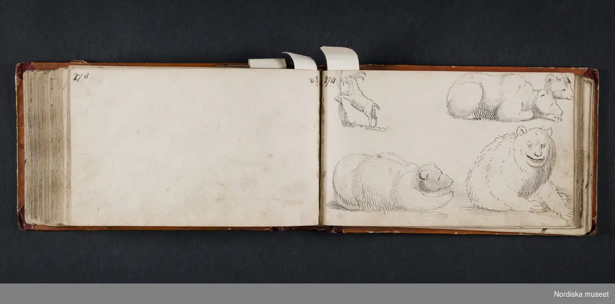 "Röda boken". Liten bok med initialerna H B på framsidan och årtalet 1728 på baksidan. Boken innehåller skisser av myter, människor, djur, byggnader och växter. Enligt medföljande utdrag ur brev från Knut Almström till direktör Fredrik Wehtje 1952 så har boken tillhört Petter Gustaf Löfström och därefter en man med efternamnet Bundred som var gravör vid Rörstrand.