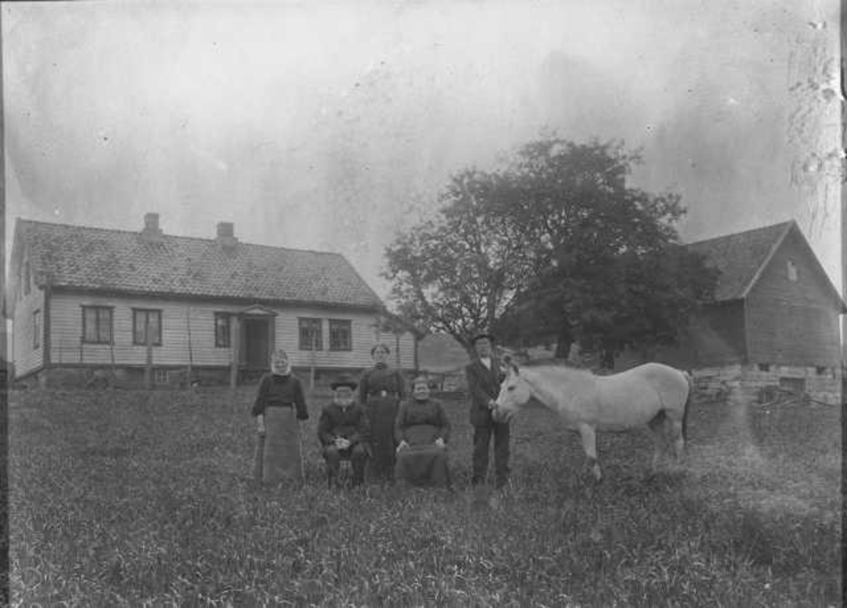 Garden Volden ved Høyland kirke. Ca. 1918 Familie med hest foran et våningshus: Lauritz Volden og kona Elisabeth sitter. Marta Vatne, datteren Sofie og Sønnen Oskar