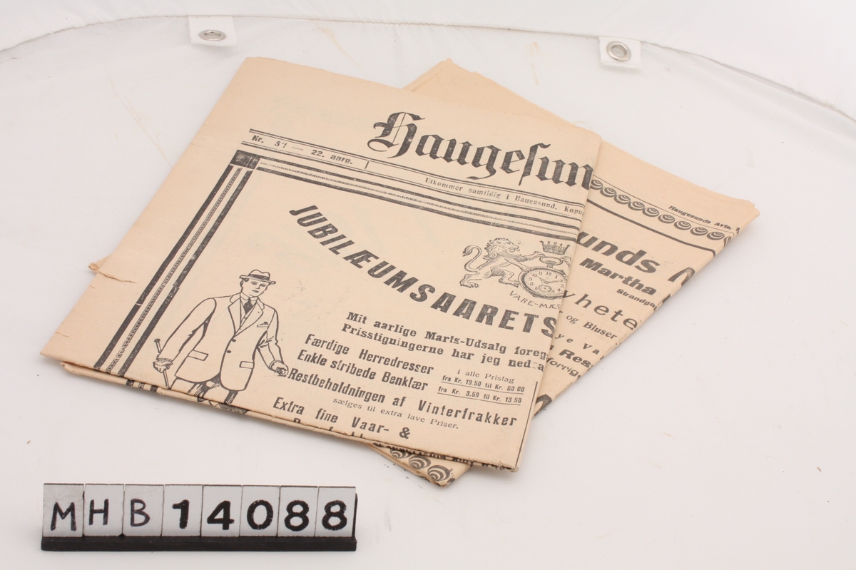 Avis utgitt samme år som Haugesunds 50-årsjubileum som kjøpstad. Den inneholder blant annet en artikkel om oldtiden av Magnus Olsen og en skildring av tusenårsfesten i Haugesund 18. juli 1872.