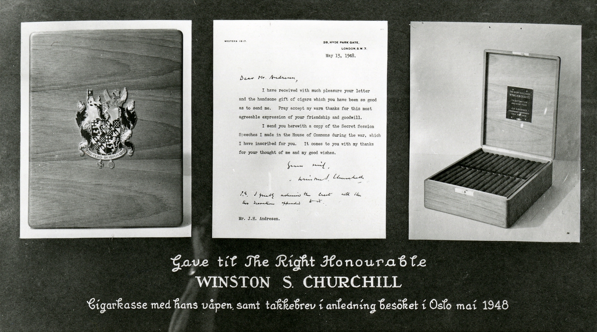 Foto av gave til Winston Churchill ved besøk i Oslo i mai 1948 og takkebrev fra Churchill.