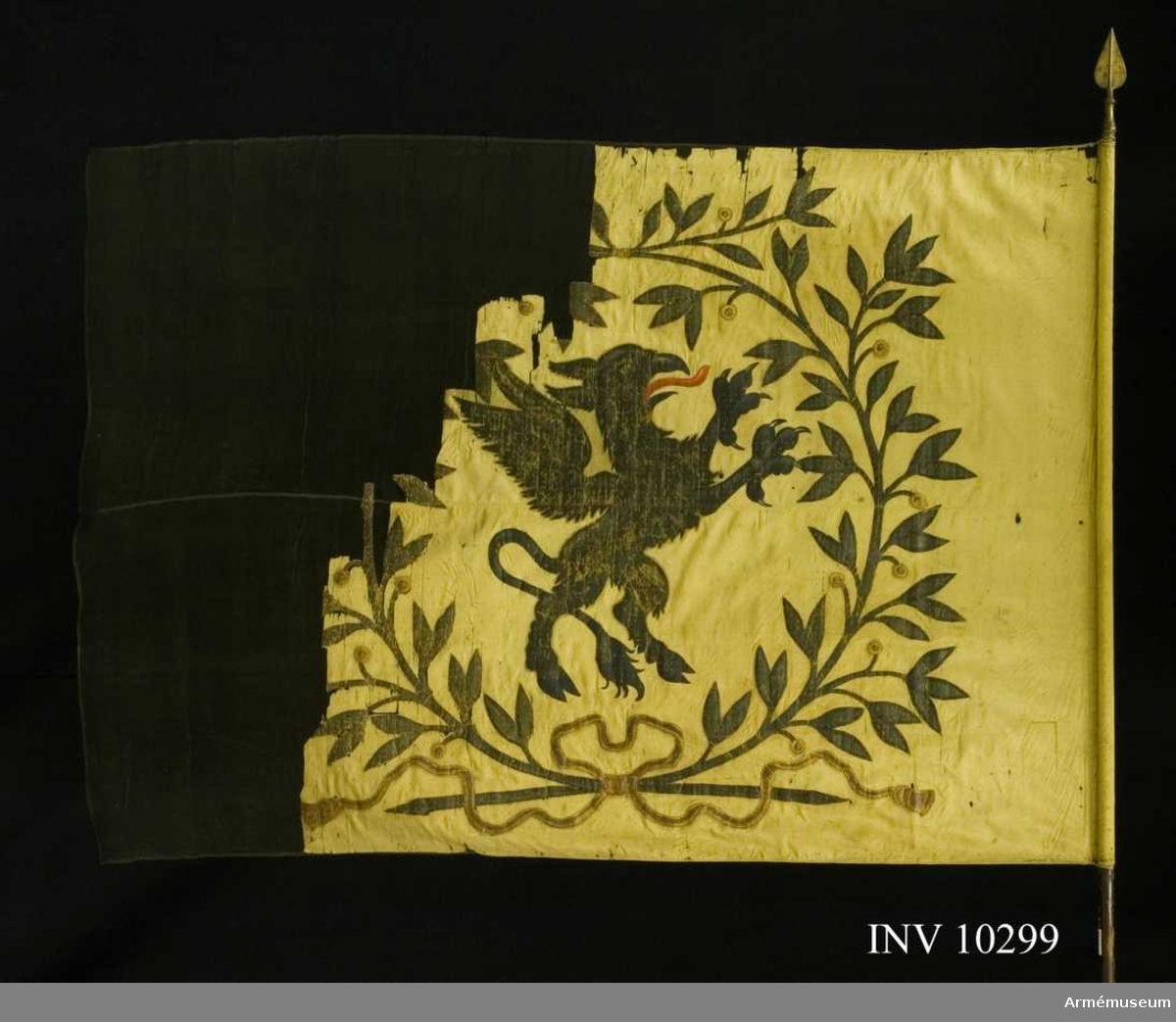 Grupp B I.
Fanduk av gul taft med målade emblem: Södermanlands sköldemärke en svart grip med röd tunga, omgivet av en krans av tvenne lagerkvistar i svart och grönt med bär i guld och rött, nedtill hopknutna med bandrosett i guld och rött. Fastspikad med gult sidenband och kupiga mässingsstift. Tillverkad 1730 av Johan Wijkman. Stång av furu, brun. Spets av förgylld mässing, holken med profilerade vulster. Bladet lansettliknande, förvaras i rullen.Tillstånd: Duken blekt och starkt fragmentarisk, övre och yttre delen saknas. De kvarvarande delarna insydda mellan crepelin.