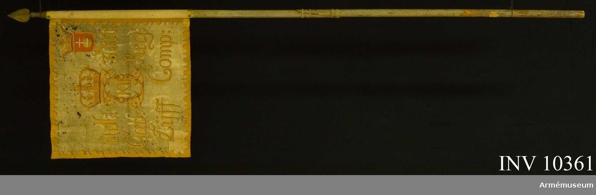 Grupp B I.

Duk av vitt grovt kläde med målade emblem lika på båda sidor: I mitten Karl XII:s namnchiffer: dubbla C omkring XII, krönt av en sluten kunglig krona, allt i guld med skuggning i sepia. I övre inre hörnet en liten gulkantad sköld med Upplands sköldemärke, ett gult riksäpple på rött fält. Skölden krönt av en öppen  krona. Längs kanten en bård av inåtvända runda och spetsiga uddar i gult. Inskription i gult på två rader på ömse sidor om namnchiffret: Upls 3Ms / Cav: Regs samt därunder Lijff Comp:.

Fäst på stången med mässingsspikar på gult sidenband. Stång av furu, vitmålad, rund och slät. Diameter 3,3 - 3,5 cm.Spets: Holk av förgylld mässing. Bladet av järn, förgyllt.