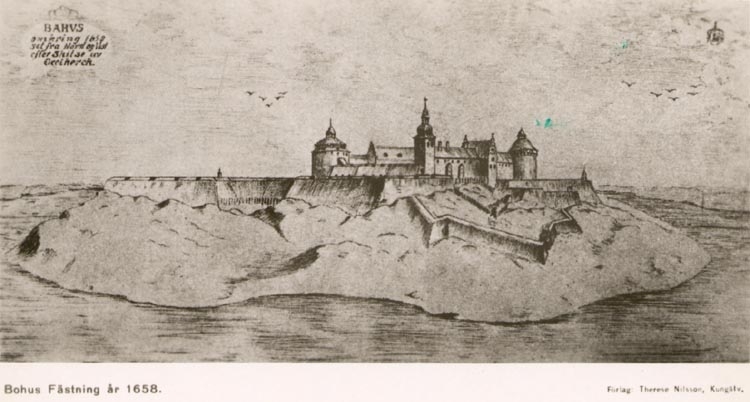 Tryckt text på kortet: "Bohus Fästning år 1658".





