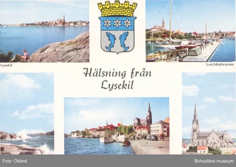 Tryckt text på kortet: "Hälsning från Lysekil".
Text under bilderna: "Lysekil, Lustbåtshamnen, Bränningar, Södra hamnen, Kyrkan."
"9 OKT. 1959".
"ULTRAFÖRLAGET A. B. SOLNA".
