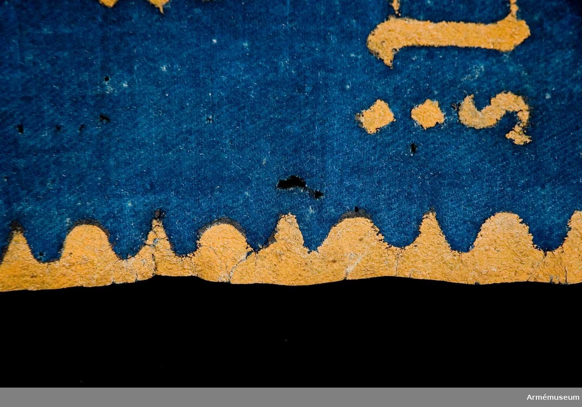 Duk av enkel blå kläde. I övre inre hörnet finns ett sköldemärke med en gul grip på röd bakgrund under öppen krona. 
Text med bård runtikring i gult:
Målad lika på båda sidor, bortsett från att gripen tittar mot stången på den sidan där tännlikorna sitter.
