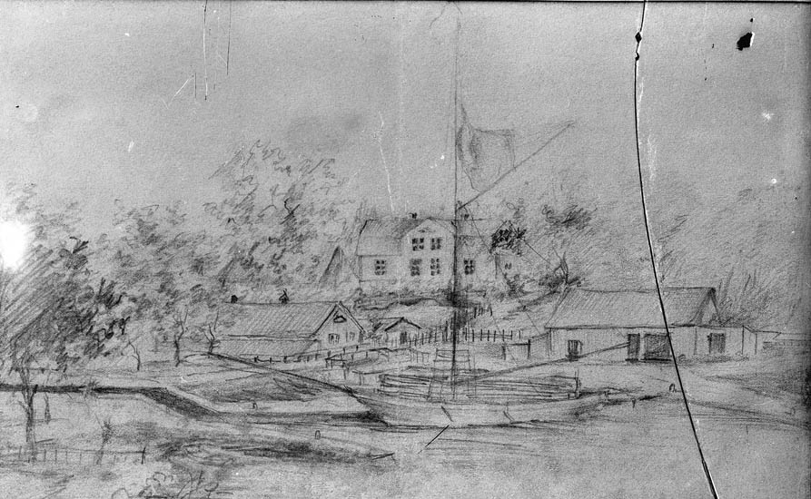 Enligt tidigare noteringar: "Foto av pennteckning: föreställande större villa och ekonomibyggnader vid kanal med trälastad skuta."