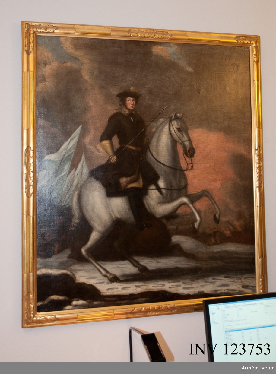 Oljemålning föreställande Karl XI till häst i Lund.