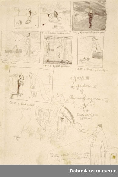 "Opus VII. Lifsskeden af Ragnar Ljungman. 1912. Första  upplagan (15000 ex.)" antecknat med blyerts.
För uppgifter om konstnären Ragnar Ljungman, se RL001.