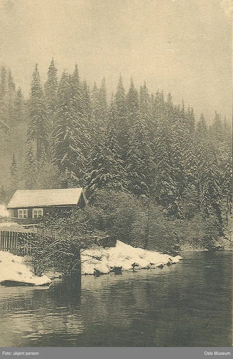 elv, bolighus Dalstua, skog, snø