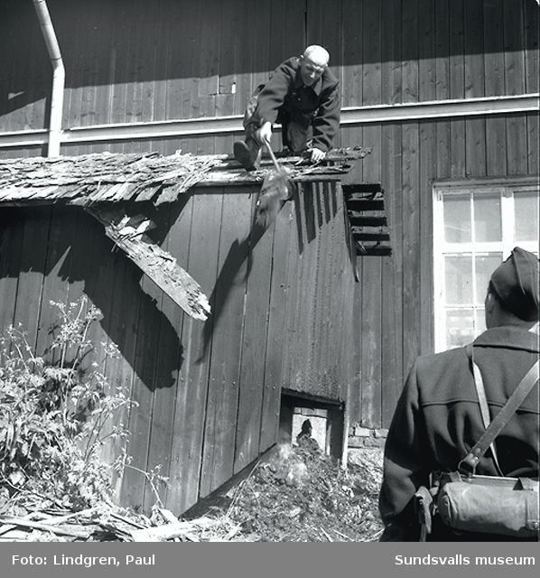Brandmän vid en  ladugårdsbyggnad. 
Skolavslutning  Fillans ochTimrå skola.