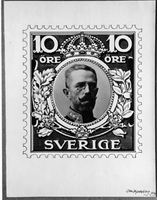 Frimärksförlaga till frimärket Gustav V i medaljong, vm krona, utgivet 1910 - 1914.
Valör 10 öre.