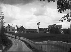 vei, kvinne, gjerde, gård, bolighus, uthus, flaggstang