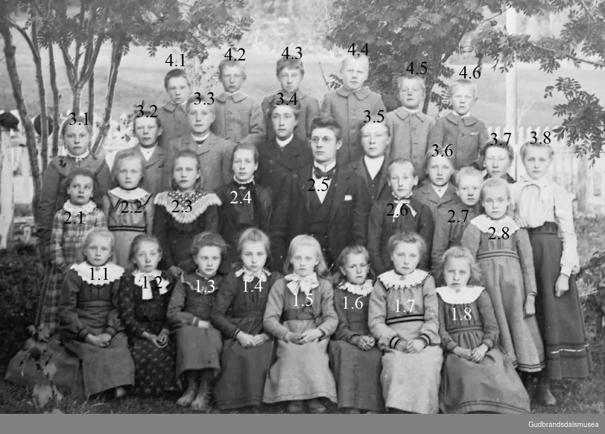 Stor gruppe elever med lærer, persongruppe, Enebo skole 1904.
