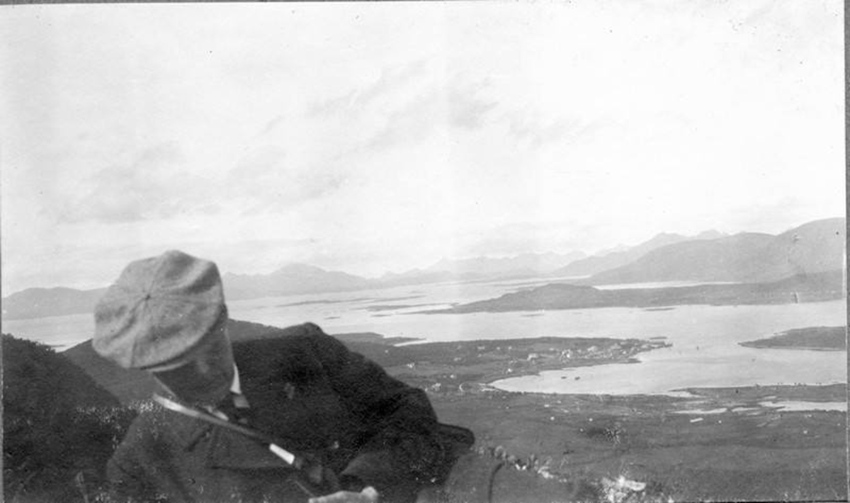 Johan Ludwig Mowinckel påTrolldalsaksla, Hadseløya. Fin utsikt mot Stokmarknes og Eidsfjorden.