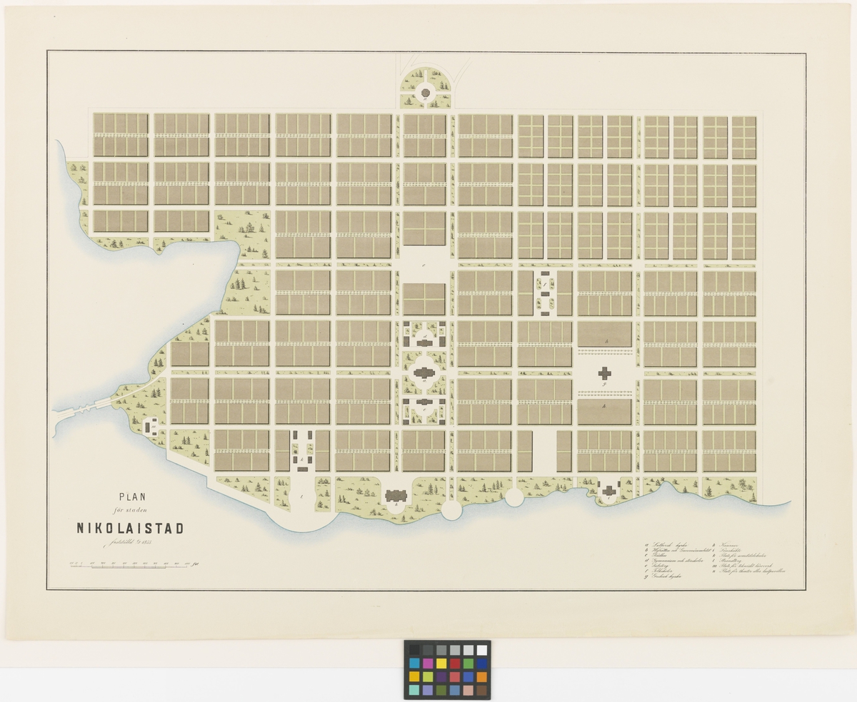 Teckningar för belysning af frågan om Stadsplaner. 13 blad.
Plan för staden Nikolaistad