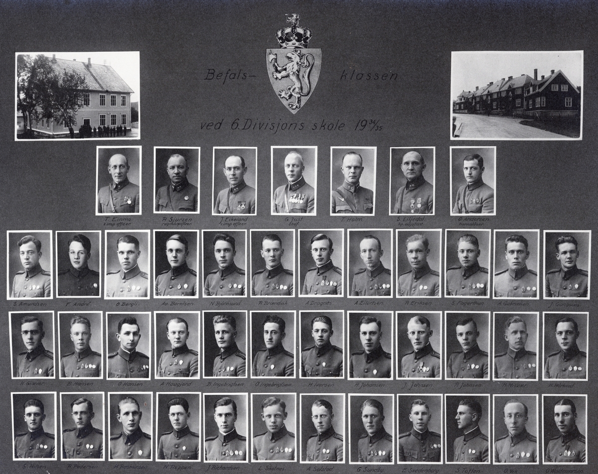 Gruppemontasje av lærere og elever i befalsklassen ved 6. Divisjons skole i 1934-35. Dessuten er det satt inn to bilder av bygninger tilhørende befalsskolen.