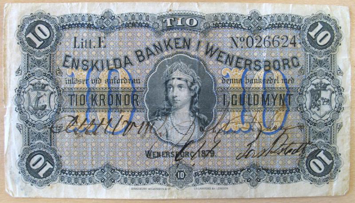 Tiokronorssedel utgiven av Enskilda Banken i Venersborg, n:o 026624. Lit. E.