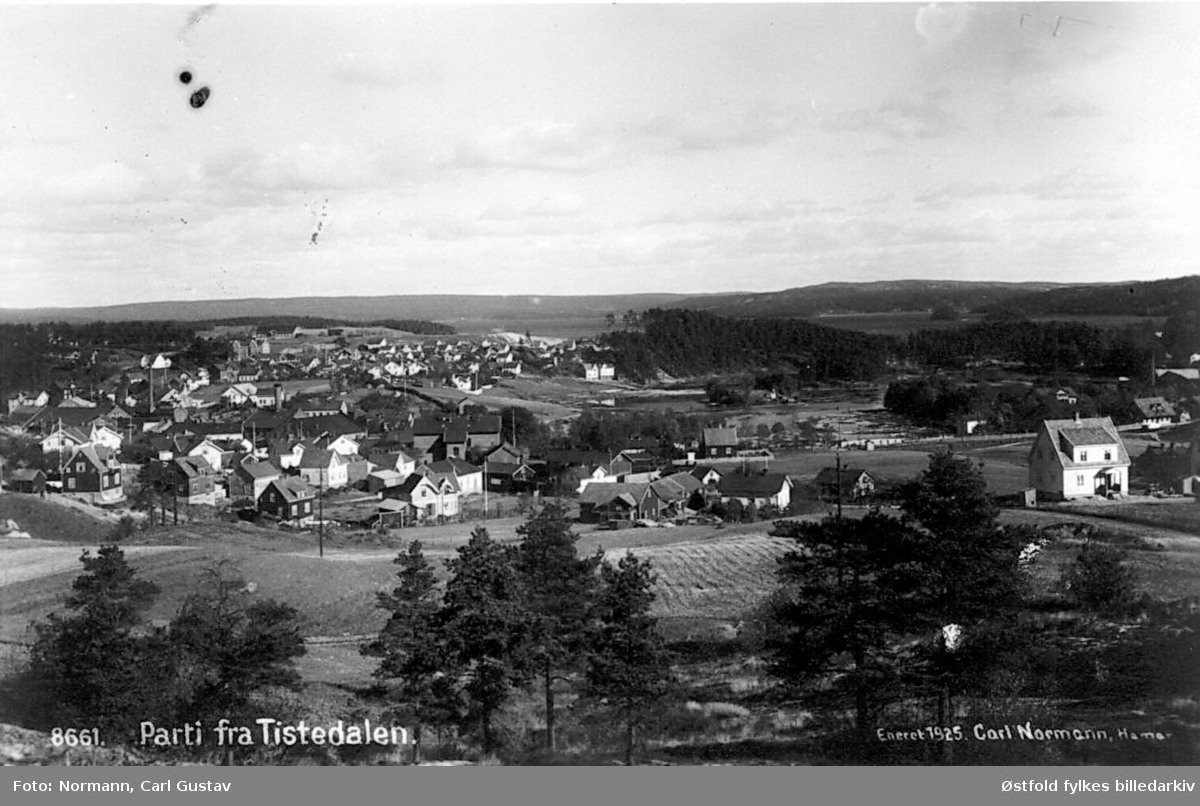 Oversiktsbilde fra Tistedal i Halden, 1925. Postkort.