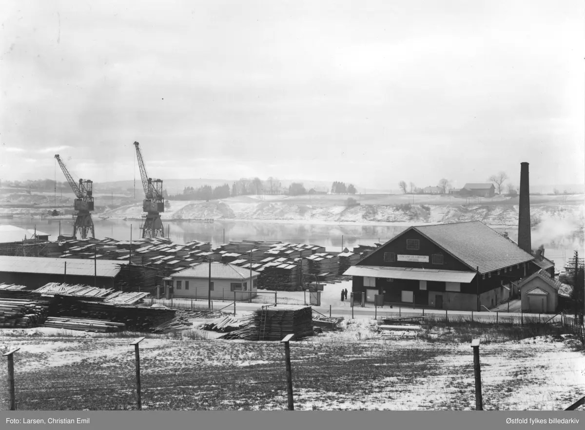 Sannesund Sag og Høvleri A/S 1952, Alvim i Sarpsborg. På folkemunne:  "Saga". Tre personer står ved bygningen til høyre. På et skilt på veggen under mønet står det: "Sandesund sag og høvleri A/S Sarpsborg" 
Inntil på 30-tallet het saga Eriksens sag, men da den gikk konkurs garanterte Tune kommune for driften. Den ble drevet videre med nytt navn og som et aksjeselskap hvor de ansatte selv var eiere. 
 
Informant Solbjørg Lerviks morfar, Karl Olsen, arbeidet på saga i 30 år. Han var med i styret for saga. Han fikk i 1954 Norges Vels medalje for sine mange års innsats ved saga. Informant var elleve år det året saga brant, i mai 1954. Hun bodde to kilometer fra saga, men kan huske at familien våknet tidlig den morgenen av at de hørte gnister og spraking.

Saga lå på Hannestad langs Glomma, ikke langt fra Hannestad skole. Senere var det møbelfabrikk i bygninengene.

I bakgrunnen Alvim kai. Midt på bildet på andre side av  elva, ses "Tomta" i Borge i Østfold. Fødested til polfarer og oppdagelsesreisende Roald Engelbregt Gravning Amundsen, født: 16. juli 1872 - død: sannsynligvis 18. juni 1928 .

Kommentar 2016 fra Morten Opsahl: 
Det var ikke på denne tomta møbelfabrikken oppstod. Mellom sagbruket og tomta til Sørli Møbelfabrikk lå det diverse store lagerskur og dessuten verksted og småbåthavn med slipp for Sarpsborg Havnevesen.