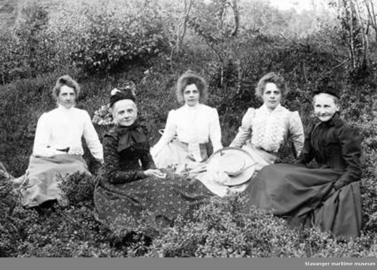 Fem kvinner fra borgerskapet blant blåbærlyng og bjørketrær. Det er tre yngre kvinner kledd i lyse sommerkjoler og to eldre damer i mørke kjoler. Muligens er de ute på bærtur eller på utflukt. Den eldre kvinnen  fra venstre finnes på flere av Julie Lund sine fotografier. Bildet er tatt mellom 1900-1917.