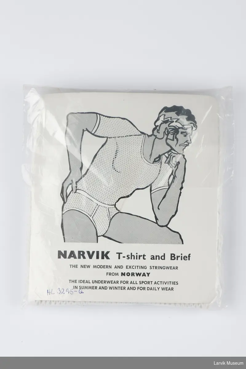Tegning av en mann i undertøy på pappbaksiden. Plastposen: Fjelltopper  og produktbeskrivelse