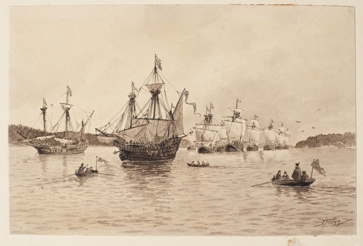 Skeppen som Gustav Vasas köpt från Lübeck anländer till Slätbaken i juni 1522. 
Ett flertal större fartyg möts av mindre båtar.