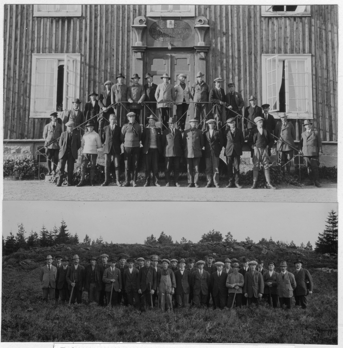 'Bildtext: ''Deltagarna i skogsplantörskursen i Dingle år 1926.'' Övre bilden: 26 män samlade på och framför trappa med räcke till trähus. Nedre bilden: 27 män ute i fält, gruppbild. ::  :: Fotonr. 7048:47-58 indelad under rubriken ''Skogsskötselns administration i Göteborgs och Bohus län''. Ingår i serie med fotonr. 7046:1-383, 7047:1-33 och 7048:1-67 med bilder från  Länsjägmästare John Lindners bildarkiv.'