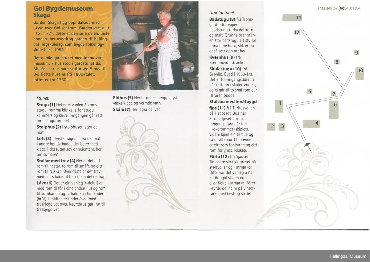 Det er en vanlig 3-roms stue, rommene blir kalt for stugu, kammers og kleve.  Inngangen går rett inn i stuerommet.