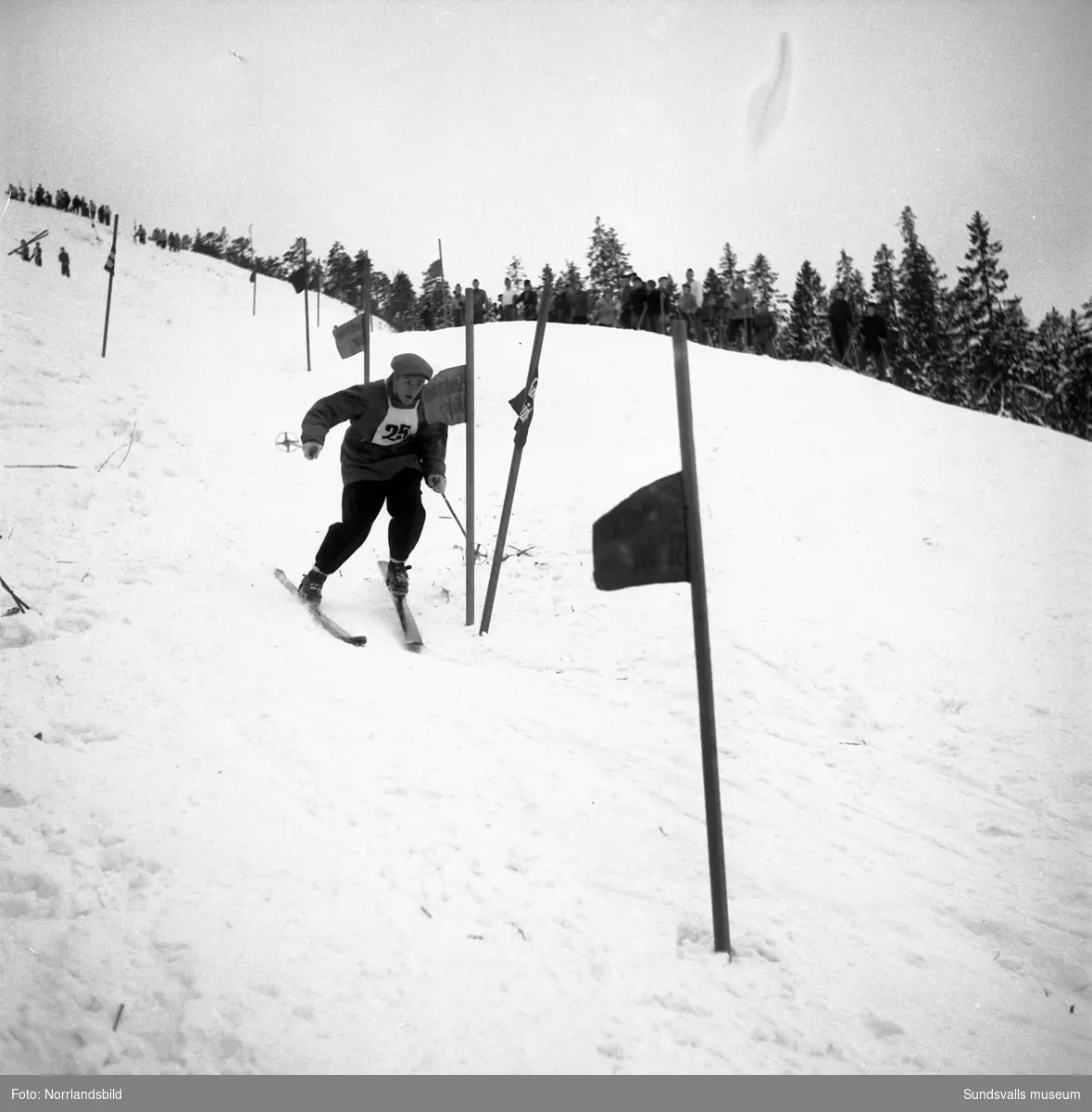 Slalomtävling i Sundsvall, bilder på hemmaåkarna. På första bilden ses Sten Pettersson, Kurt Backlund och Kjell Englund.
