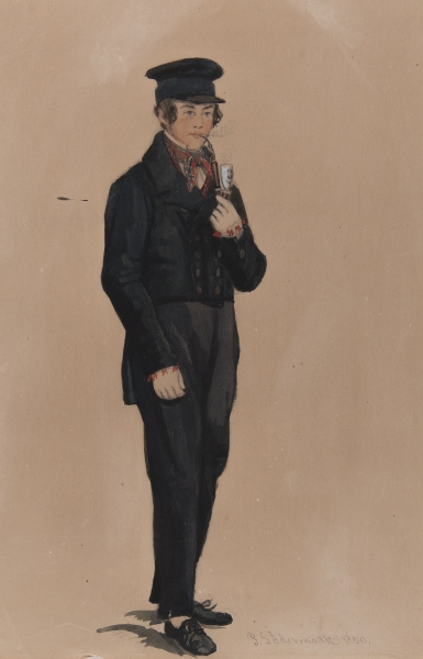 Man i dräkt. Akvarell av P Södermark 1850.