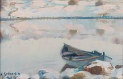 Vinterlandskap med robåt [Olje på lerret]