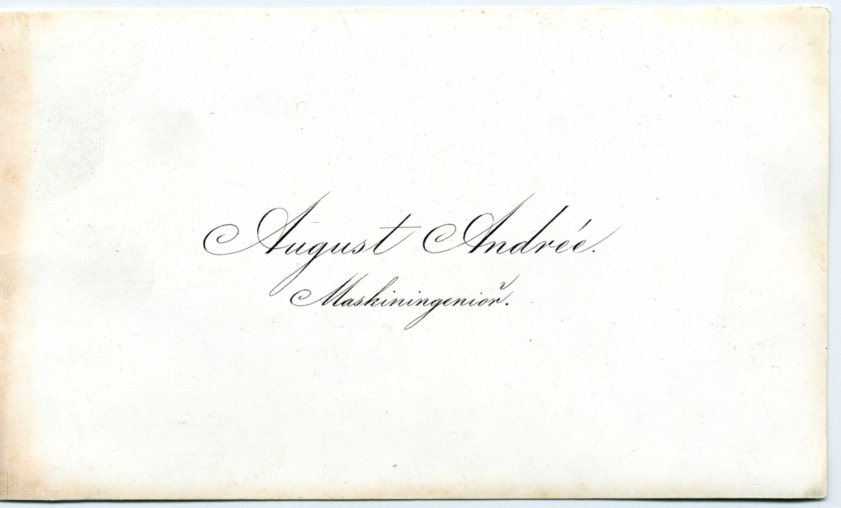 Visitkort för "August Andrée, Maskingeniör"