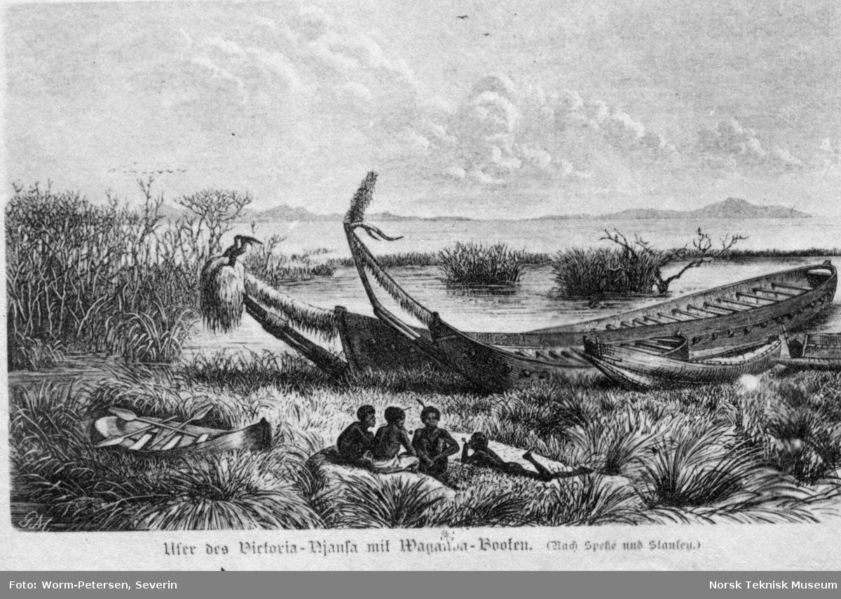 Tegning: Innfødte og båter brukt på Victoria-sjøen