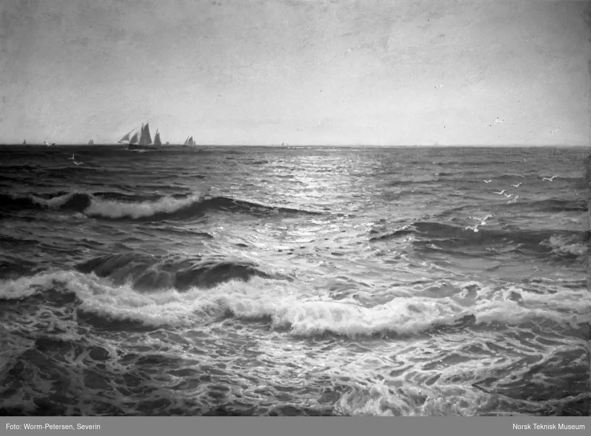 Marinemaleri, seilskute på havet, malt av Carl Wilhelm Barth, stilt opp i fotoatelieret. Fra pakke merket "Norsk Malerkunst Barth"