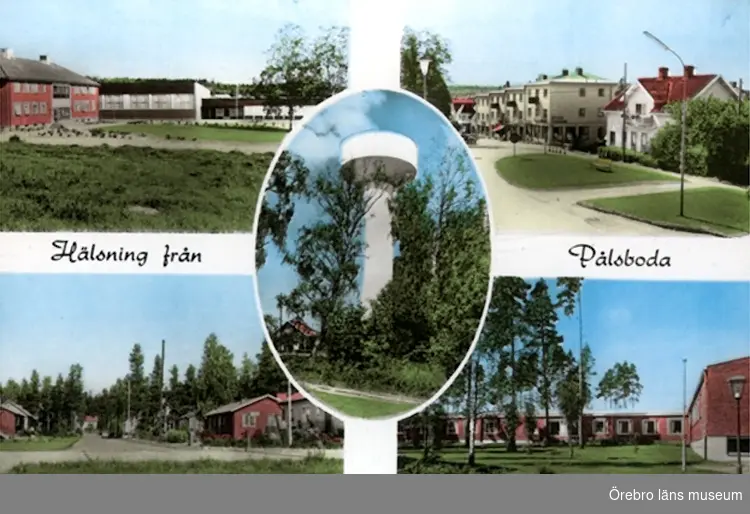 Vykort med motiv från Pålsboda: Skolan, Bostadshus och byggander, Vattentornet.
(Text: Hälsning från Pålsboda)