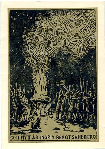 En eld omgiven av vikingar med resta svärd och lurar i vintrigt landskap. I nederkant texten: "GOTT NYTT ÅR INGRID BENGT SANDBERG"