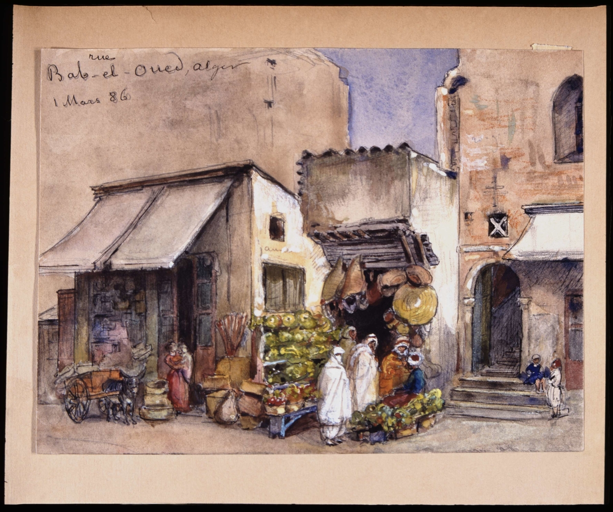 "Rue Bab-el oued Alger 1 mars 86". Affärshus i Alger. Akvarell av Fritz von Dardel