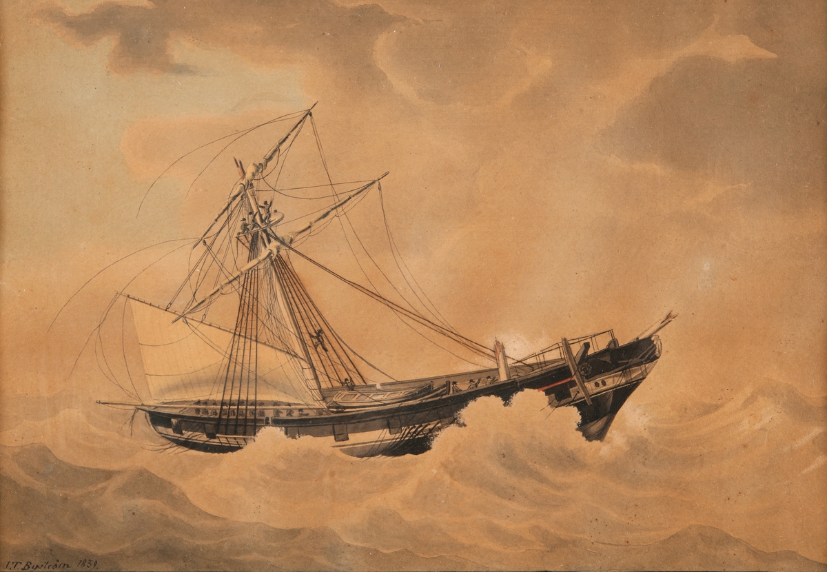 Föreställande örlogsbriggen Vänta Litet 1821. Briggen har förlorat fockmasten, nödrigg- å stormasten, grov sjö.