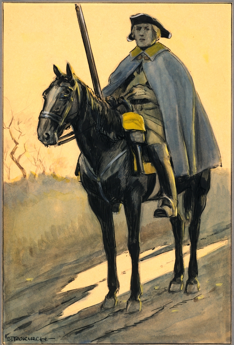 Plansch med uniform för ryttare vid Västgöta kavalleriregemente 1700-tal, ritad av Einar von Strokirch.