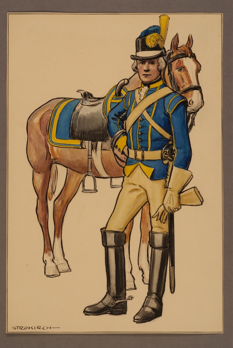 Plansch med uniform för ryttare vid Västgöta kavalleriregemente 1778, ritad av Einar von Strokirch.