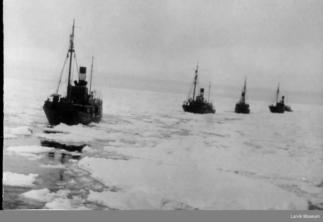 Fire hvalbåter etterhverandre i isen