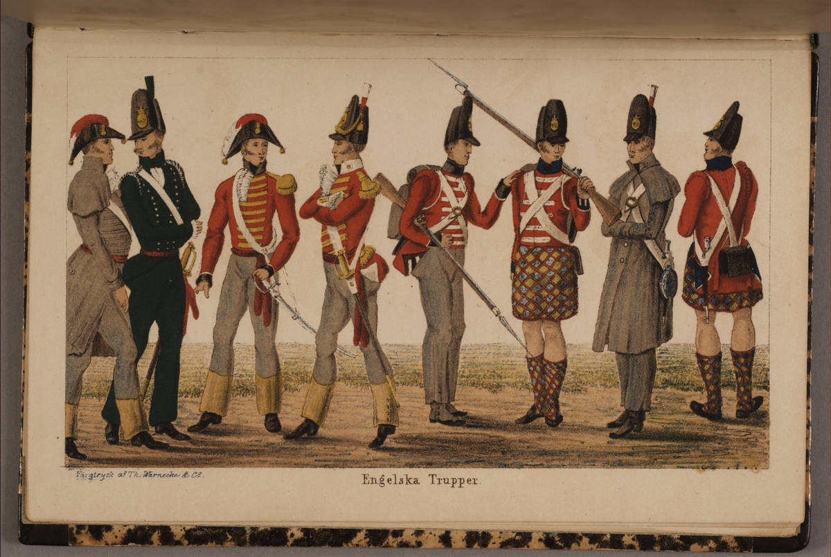 Engelska trupper. Uniformsteckning av Carl Johan Ljunggren tryckt i boken Minnesanteckningar under 1813 och 1814 års kampanjer uti Tyskland och Norge, utgiven 1855.