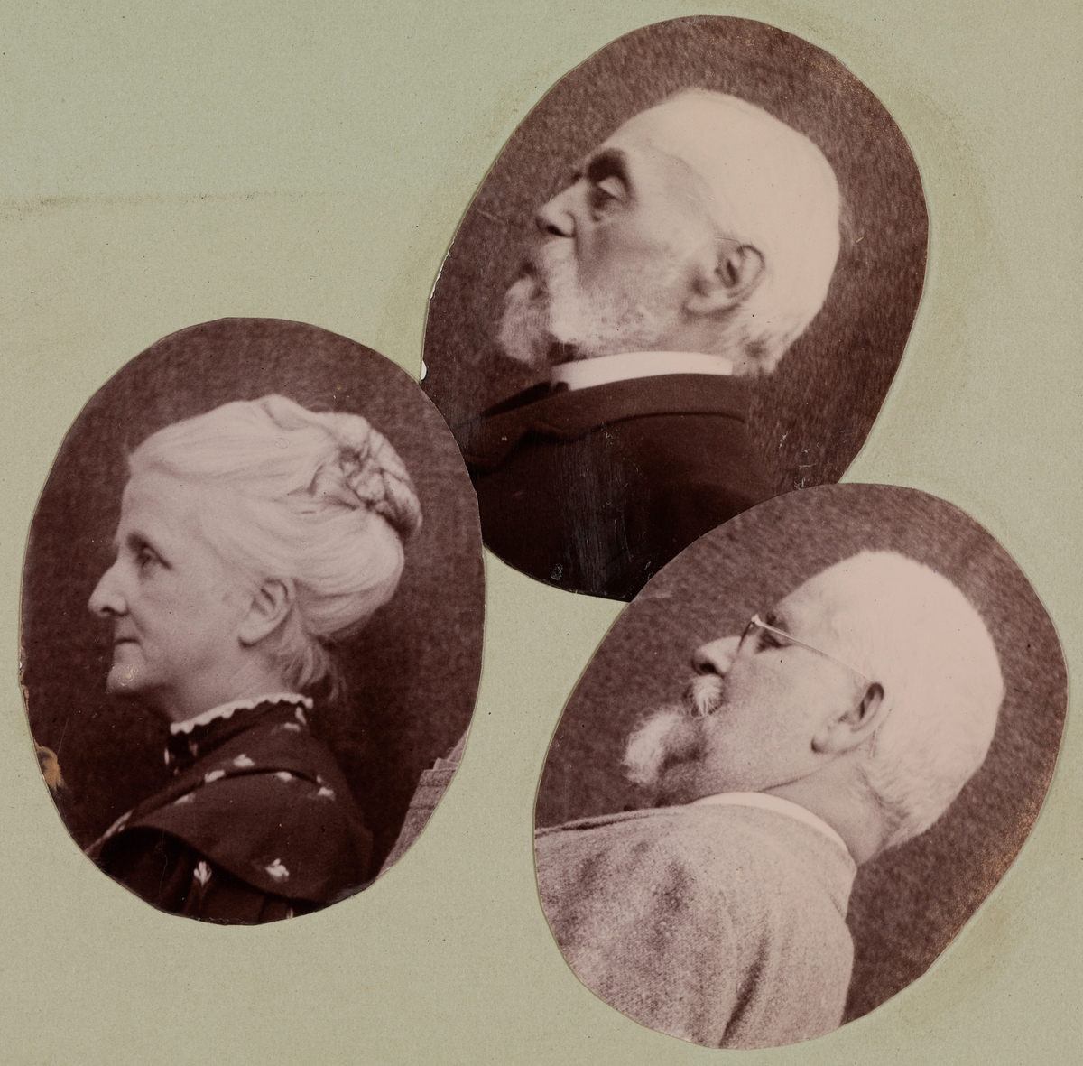Tre portretter: General Haagen Mathiesen (øverst), uidentifisert kvinne (til venstre), Haagen "Vesle" Mathiesen.