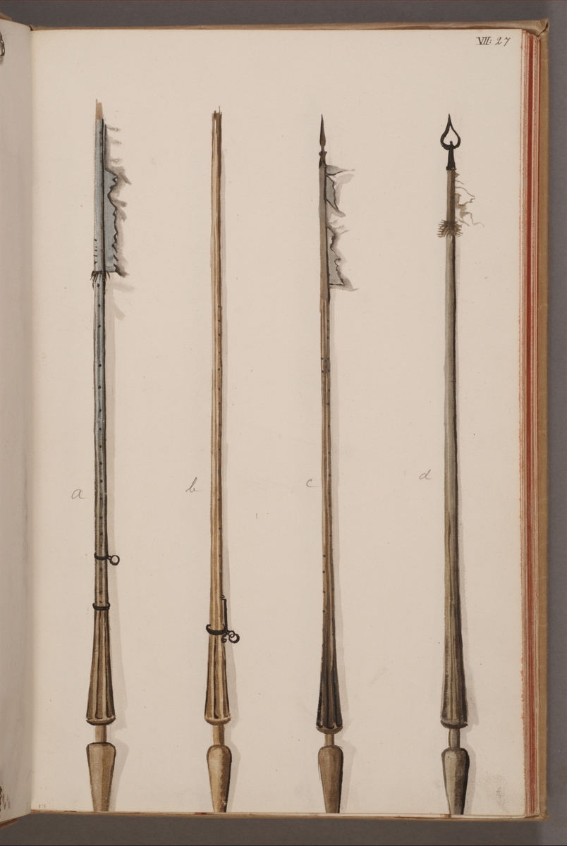Avbildning i gouache föreställande standarstänger tagna som troféer av svenska armén. Stången längst till vänster i bild finns bevarad i Armémuseums samling, för mer information, se relaterade objekt.
