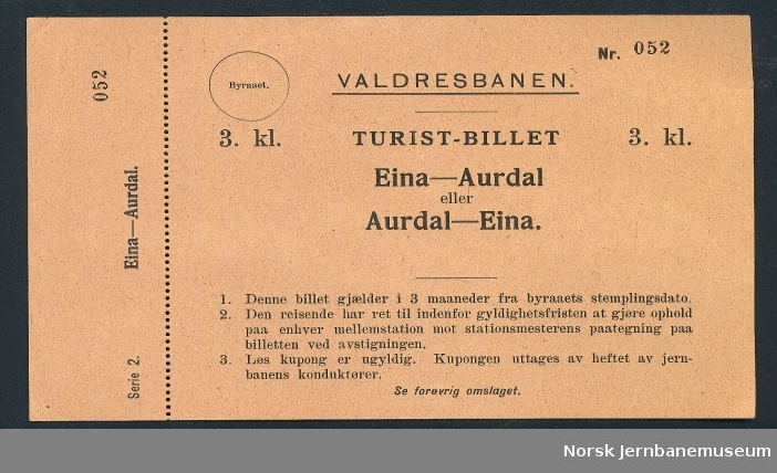 Turist-billet Eina-Aurdal eller Aurdal-Eina, 3. kl.