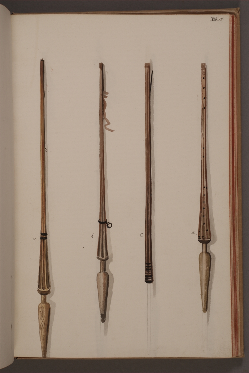 Avbildning i gouache föreställande standarstänger tagna som troféer av svenska armén. Ingen av stängerna finns bevarade i Armémuseums samling.