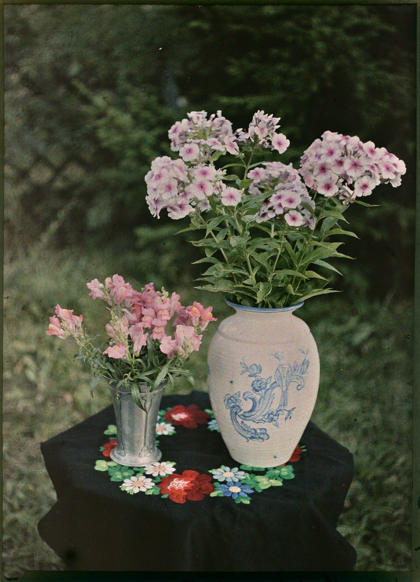 Lumière-autokrom. Stilleben: Blommor i keramikvas och luktärtor i plåtvas stående på ett bord med broderad duk. 

Tillhör en serie av 3 bilder: 1 autokrom, 1 vanlig (ortokromatisk) och 1 pankromatisk. Autokrom.
