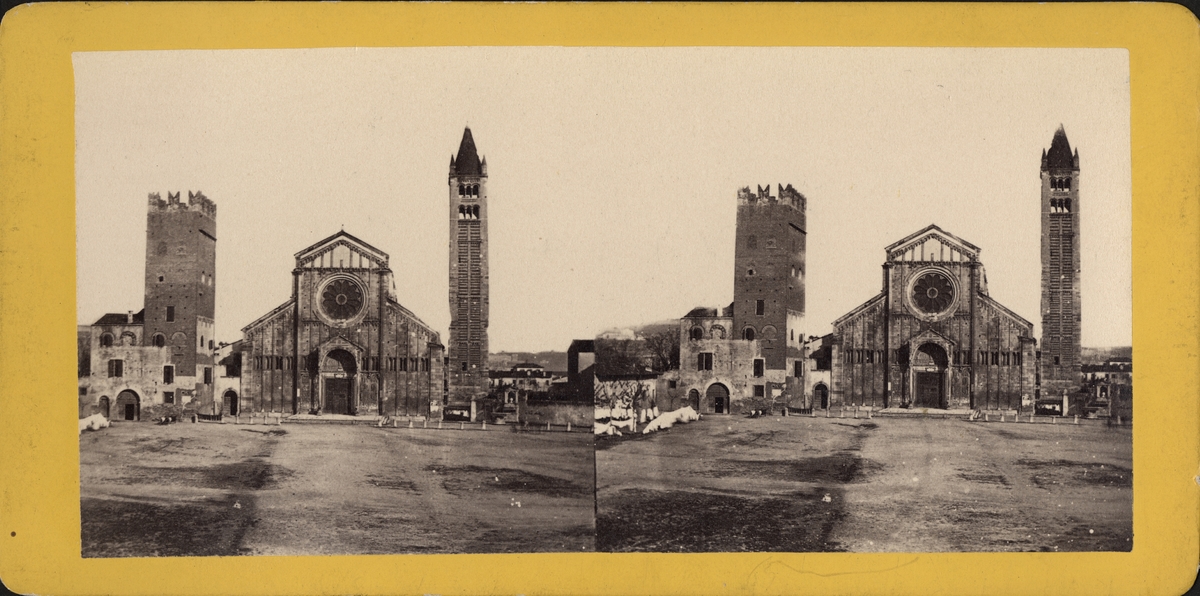 Stereobild av gammal kyrka, katedral. Basilica di San Zeno Maggiore i Verona, Italien.