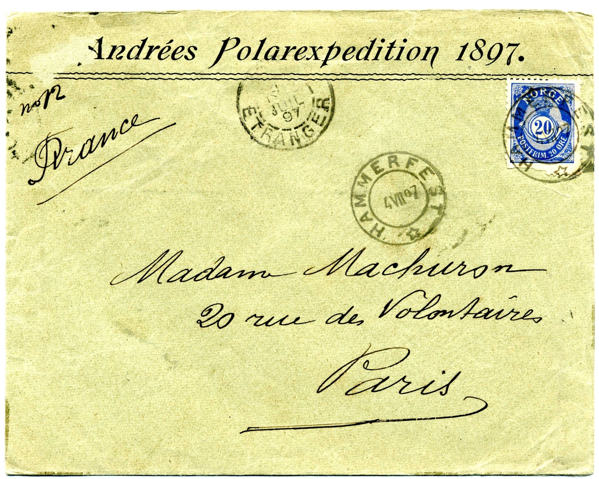 Ljusgrönt kuvert till madame Machuron. Ett norskt frimärke á 20 öre.