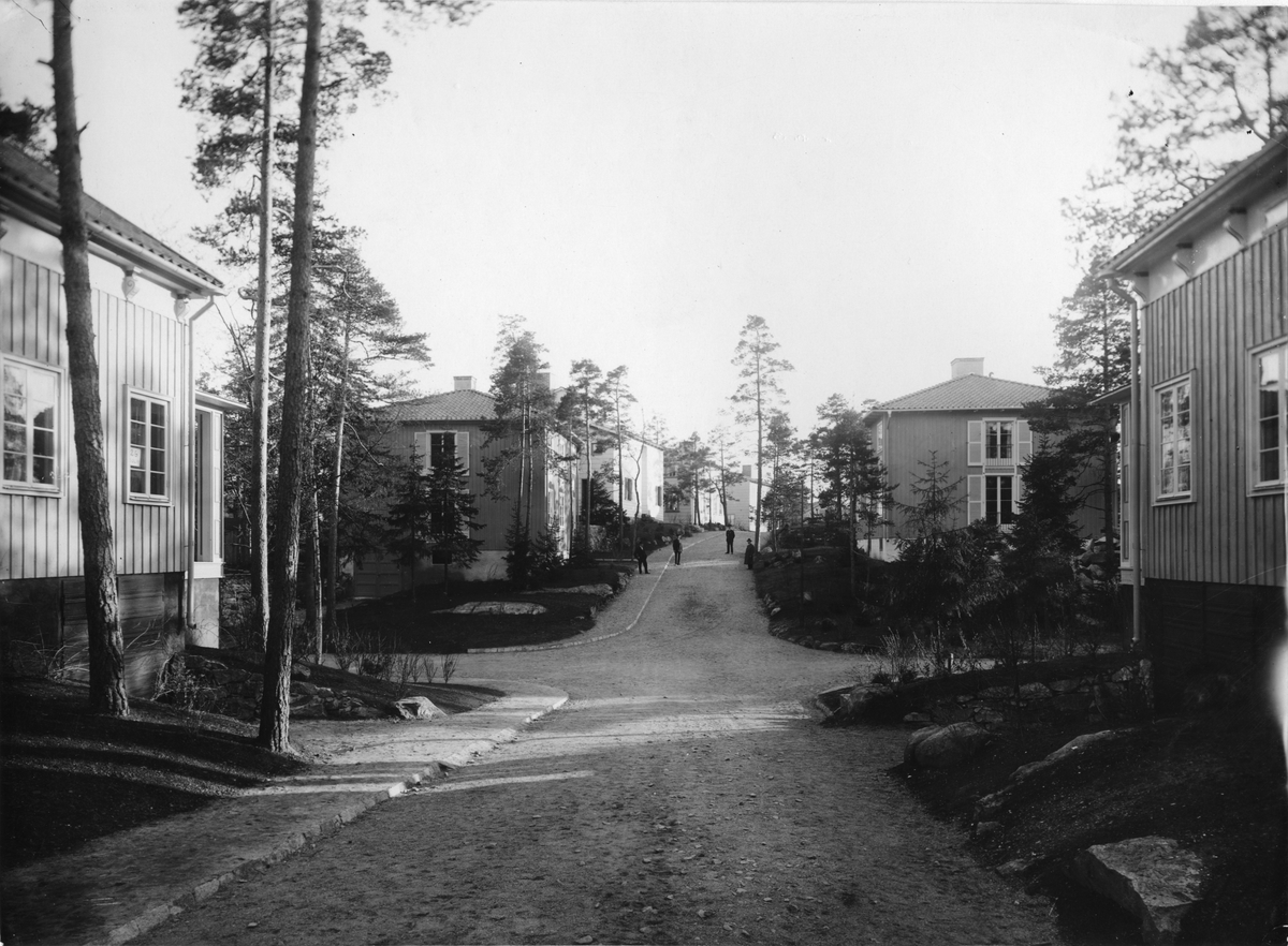 Bygge och Bo-utställningen i Äppelviken 1927. Foto taget på Ekorrvägen framför korsningen Ekorrvägen/Månvägen. Husen närmast är nr 26 och nr 27 och är ritade av Rolf Bolin. Husen längre bort (20,21,18,16,14) är ritade av Carl Hörvik. (Samma bild som DIG96903 fast annan förstoringskopia).